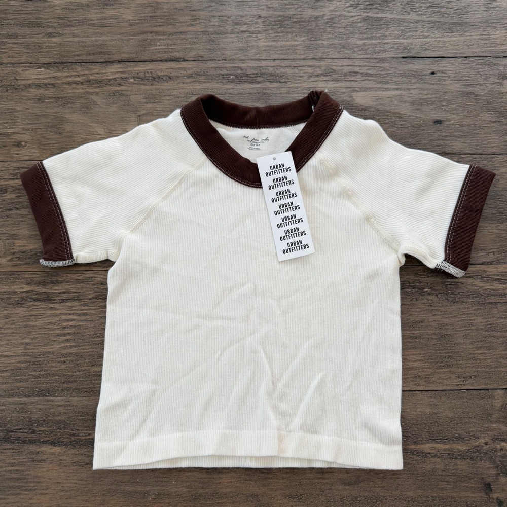 NWT Out From Under Urban Outfitters Ivory Brown Ringer Ribbed Baby Tee XS/S new